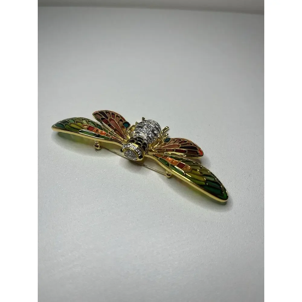 VTG Joan Rivers Stained Glass Crystal Plique-a-Jour Cicada Bug Brooch Pin